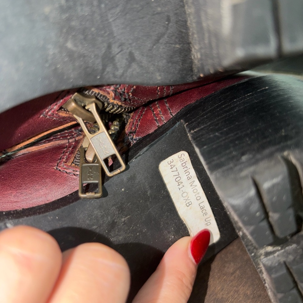 Frye Burgundy Leather Combat Boots (Sabrina Moto Lace Up) - Picture 2 of 4